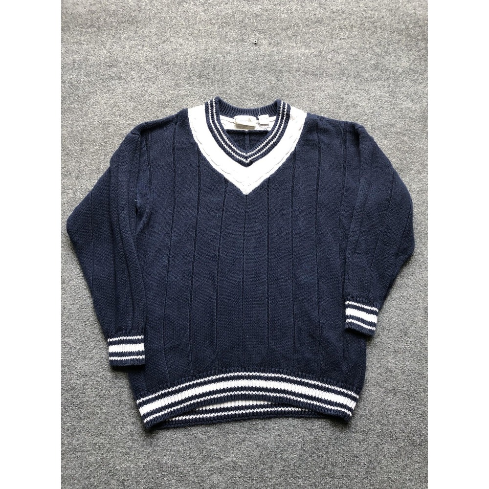 Vintage Copper Key Sweater Juniors Small Blue Stripe V Neck Knit Pullover 90s